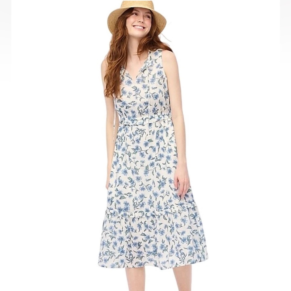 J. Crew Factory Midi Dress Sleeveless Ruffles Women’s 12 Floral White Cotton